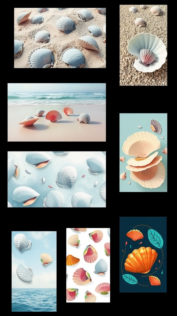 Aesthetic clam wallpapers featuring realistic and abstract designs in soft colors.
